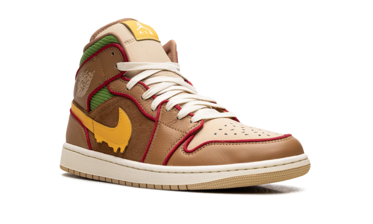 Air Jordan 1 Mid SE Sneakers "Brown & Tan with Yellow Drip Swoosh"
