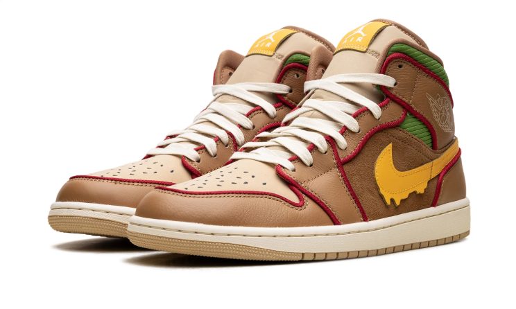 Air Jordan 1 Mid SE Sneakers "Brown & Tan with Yellow Drip Swoosh"