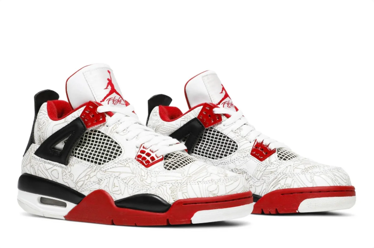 Air Jordan 4 Retro Sneakers "White/Fire Red/Black with Laser Engraving"
