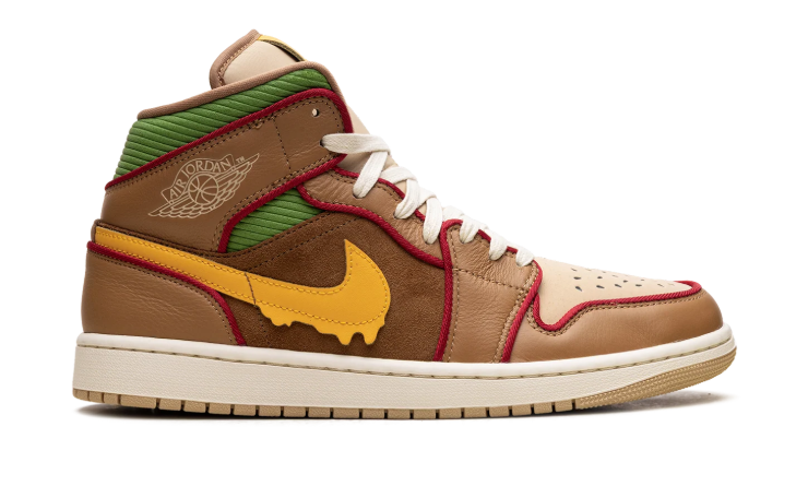 Air Jordan 1 Mid SE Sneakers "Brown & Tan with Yellow Drip Swoosh"