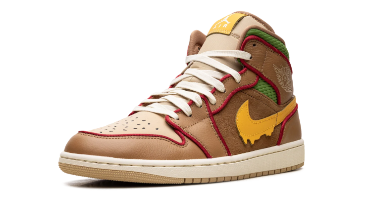 Air Jordan 1 Mid SE Sneakers "Brown & Tan with Yellow Drip Swoosh"